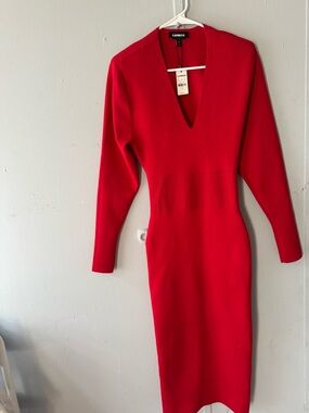 Express Red V-Neck Long Sleeve Midi Dress